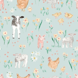 Blue Baby Farm Animal Fabric, Fabric by the yard, Barnyard Fabric, Tate Made Modern, Quilting Cotton, Knit Fabric, French Terry, Canvas