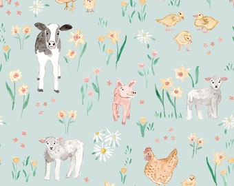 Blue Baby Farm Animal Fabric, Fabric by the yard, Barnyard Fabric, Tate Made Modern, Quilting Cotton, Knit Fabric, French Terry, Canvas