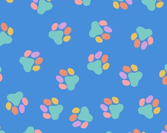 Blue Dog Paw Fabric, Dog Print Fabric, Fabric by the Yard, Colour and Joy, Quilting Cotton, Knit Fabric, Canvas, Minky, Sateen, Jersey