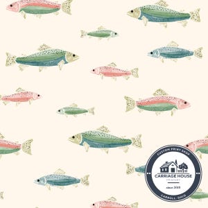 May include: Watercolor illustration of various fish in shades of pink, green, and blue, scattered across a cream-colored background. The fish have detailed fins and scales. A circular logo with text is in the bottom right corner.