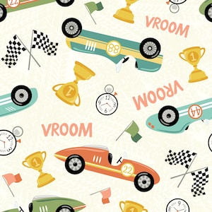 Raceautostof, op maat gesneden stof, voertuigstof, retro racen, papier Lily Girl, quiltkatoen, boardshort, gebreide stof, gebreide stof