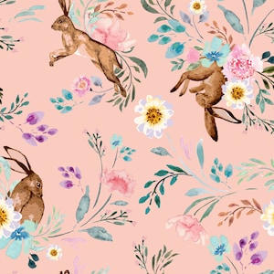 Peach Rabbit Floral Fabric, Easter Fabric, Bunny, Fabric by the Yard, Deer Fiorella, Quilting Cotton, Sateen, Knit Fabric, Canvas, Spandex