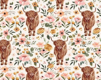 Boho Highland Cow Fabric, Farm Animal Fabric, Fabric by the yard, Cate & Rainn, Quilting Cotton, Bamboo, Broadcloth, Canvas, Sateen, Minky