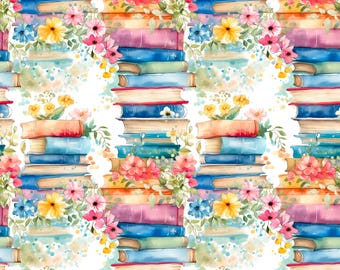 Book Floral Fabric, Book Stack, Reading Fabric, Fabric by the Yard, Mikayla Murphy, Quilting Cotton, Canvas, Broadcloth, Sateen, Minky