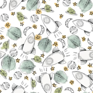 May include: A seamless pattern featuring hand-drawn illustrations of rockets, planets, stars, and moons in shades of gray, green, and yellow on a white background.