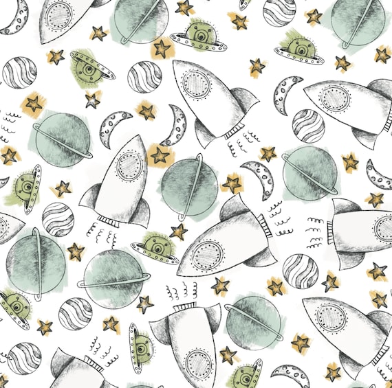 Spaceship Fabric, Rockets and Planets Fabric, Fabric by the Yard, Quilting Cotton, Spandex, Jersey, Bamboo, French Terry, Spandex, Canvas