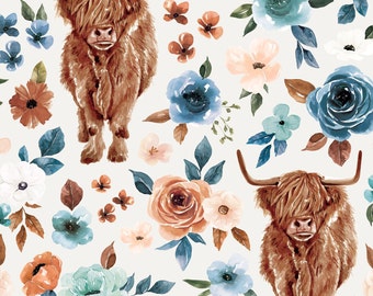 May include: A seamless pattern featuring watercolor illustrations of brown Highland cows, blue and peach flowers, and brown leaves on a white background.