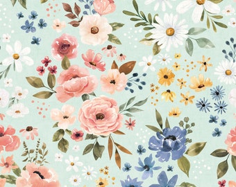 Tessuto floreale azzurro, tessuto con fiori primaverili, tessuto tagliato su misura, Cate & Rainn, cotone per trapuntatura, raso, tessuto a maglia, tela, tessuto per costumi da bagno