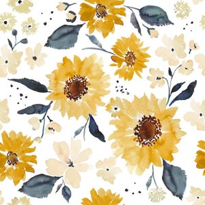 Sunflower Fabric, Fabric by the Yard, Indy Bloom Design, Sunflowers and Cream, Swim Fabric, Quilting Cotton, Bamboo, Jersey, Spandex