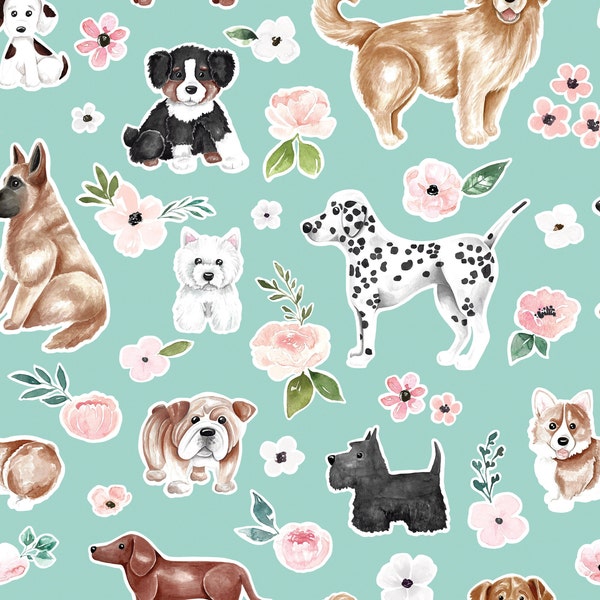 Aqua Blue Dog Floral Fabric, Puppy Boutique, Fabric by the Yard, Cate and Rainn, Quilting Cotton, Canvas, Spandex, Bamboo, Jersey,Broadcloth