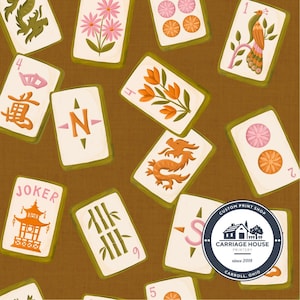 May include: A pattern of vintage-style Mahjong tiles with various illustrations, including flowers, dragons, and bamboo. The tiles are set against a brown background. The image includes a logo that says "Custom Print Shop" and "Carriage House Printery since 2018 Carroll, Ohio."
