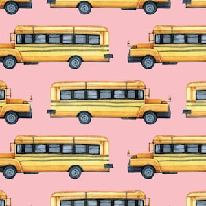 Pink School Bus Fabric, Fabric by the Yard, Back to School Fabric, Quilting Cotton, Knit Fabric, Minky, Broadcloth, Sateen, Jersey
