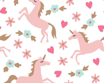 Pink Unicorn Fabric, Unicorn Heart Flower Fabric, Fabric by the Yard, Hey Cute Design, Quilting Cotton, Canvas, Minky, Sateen, Broadcloth