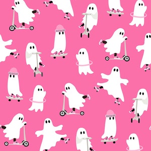 Pink Skateboard Ghost Fabric, Tela cortada a medida, Tela de Halloween, Hey Cute, Quilting Cotton, Bamboo, Jersey, Canvas, French Terry, Spandex