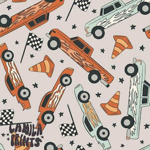 Tela de autos de carreras, Tela cortada a medida, Tela para vehículos, Carreras de camiones, Estampados Camila, Algodón acolchado, Lona, Bañador, Tejido de punto, Minky