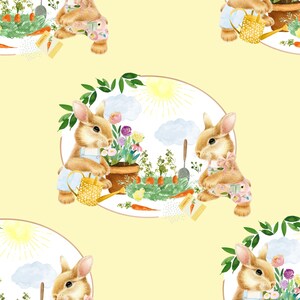 Spring Garden Bunnies Fabric, Easter Rabbit Fabric, Fabric by the Yard, Little Smile Makers, Quilting Cotton, Knit Fabric, Canvas, Bamboo