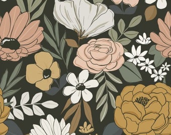 Dark Boho Floral Fabric, Cate and Rainn, Fabric by the Yard, Quilting Cotton, Bamboo, Spandex, Canvas, Swim Fabric, Jersey, Spandex