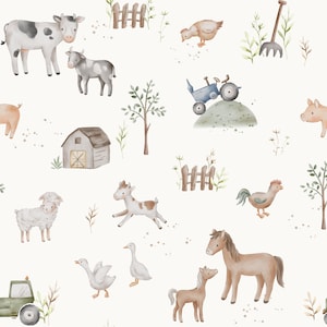 Farm Animal Fabric, Cow Pig Chicken Fabric, Barn, Fabric by the Yard, Autumn River, Quilting Cotton, Knit Fabric, Canvas, Jersey, Sateen