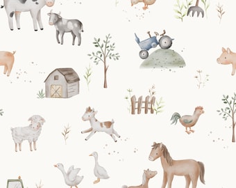 May include: A watercolor illustration featuring a variety of farm animals, including cows, pigs, chickens, sheep, and horses. The illustration also includes farm-related objects such as a barn, fences, and a tractor. The background is a white background with brown and green accents.