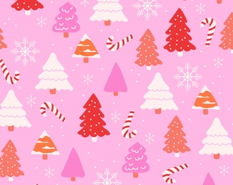 Tela de árbol de Navidad rosa, tela cortada a medida, Little Smilemakers, tela navideña, algodón para acolchado, tela de punto, lona, paño fino