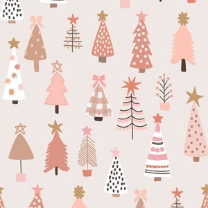 Pink and Tan Christmas Tree Fabric, Neutral Christmas Fabric, Fabric by the Yard, Quilting Cotton, Knit Fabrics, Sateen, Minky, Canvas