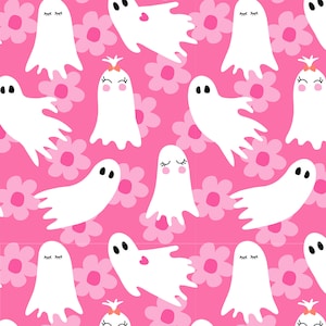 Pink Flower Ghost Fabric, Fabric by the Yard, Halloween Fabric, Hey Cute, Quilting Cotton, Bamboo, Jersey, Canvas, French Terry, Spandex