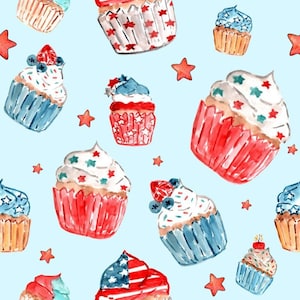 4th of July Cupcakes Fabric, Fabric by the Yard, 4th of July, Tori Egeler, Quilting Cotton, Spandex, Sateen, Bamboo, Rib Knit, Swim Fabric