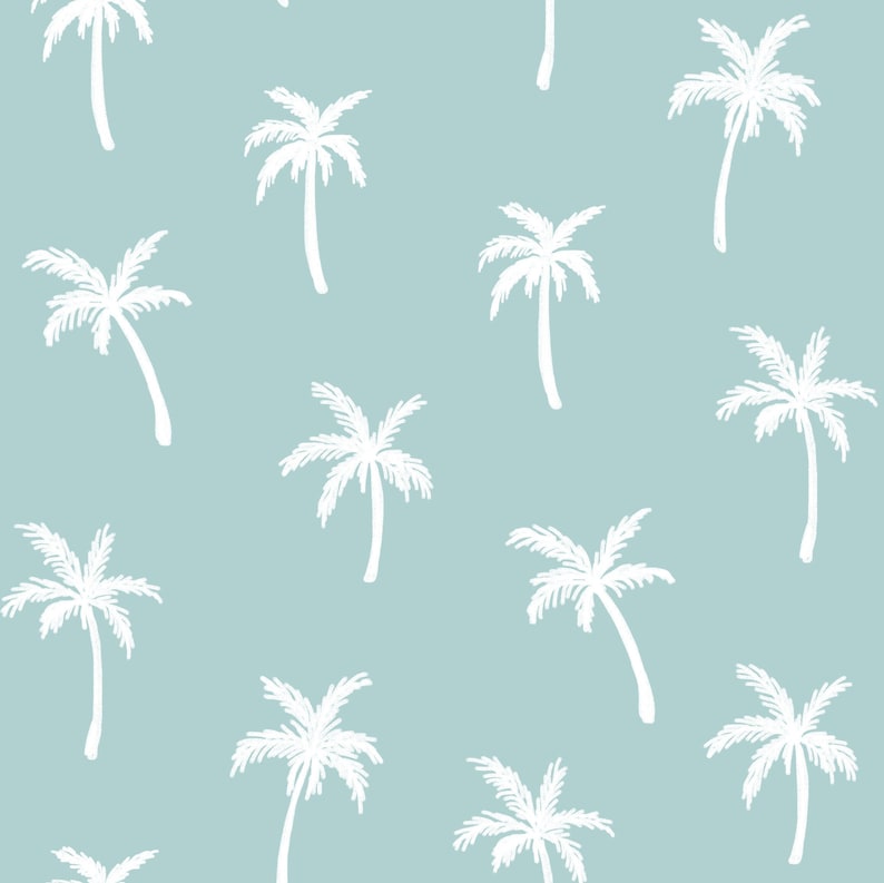 May include: A seamless pattern featuring white palm trees on a light blue background.