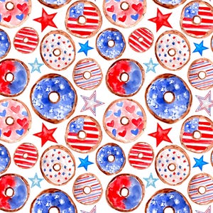 Tecido Dount 4 de Julho, Tecido de Doces Patrióticos, Tecido por Metro, Mikayla Murphy, Algodão para Quilting, Minky, Broadcloth, Lona, Jersey