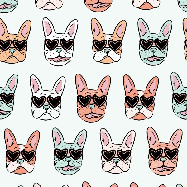Puppy Love Fabric, French Bulldog Sunglasses Fabric, Valentines Day Fabric, Fabric by the Yard, Quilting Cotton, Knit Fabric, Canvas, Jersey