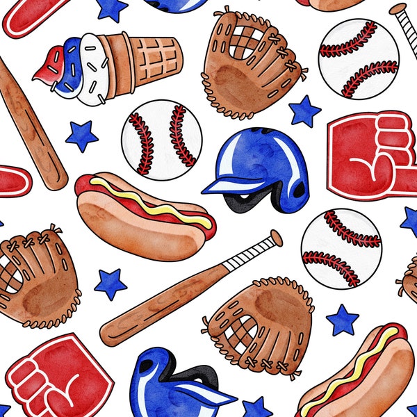 Patriotic Baseball Fabric, Fabric by the Yard, 4th of July Fabric, Julie Storie, Quilting Cotton, Spandex, Boardshort, Swim Fabric, Jersey