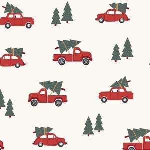 Red Christmas Truck Fabric, Christmas Tree Fabric, Fabric by the Yard, Hufton Studio, Quilting Cotton, Sateen, Broadcloth, Knit Fabric