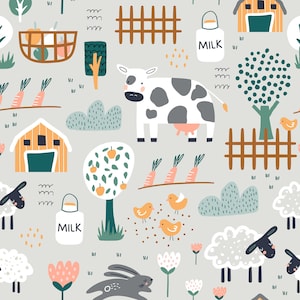 Farm Fabric, Farm Animal Fabric, Cow, Sheep, Chicken, Fabric by the yard, Solmariart, Quilting Cotton, Knit Fabric, Canvas, Jersey, Bamboo