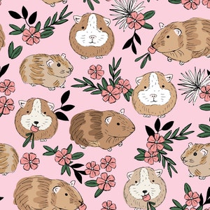 Guinea Pig Blush Floral Fabric, Fabric by the Yard, Little Smilemakers, Animal Fabric, Quilting Cotton, Jersey, Spandex, Canvas, Sateen