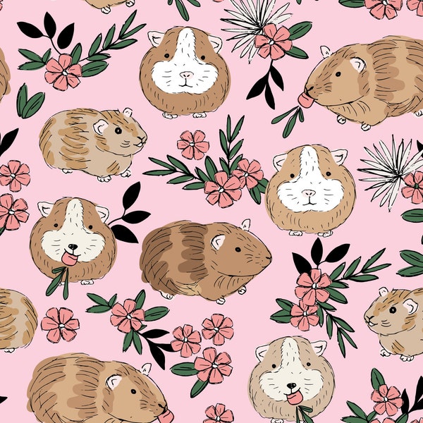 Guinea Pig Blush Floral Fabric, Fabric by the Yard, Little Smilemakers, Animal Fabric, Quilting Cotton, Jersey, Spandex, Canvas, Sateen