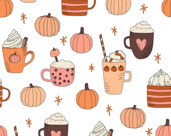 White Pumpkin Spice Mugs Fabric, Coffee Fabric, Fabric by the yard, Hey Cute, Quilting Cotton, Bamboo, Broadcloth, Canvas, French Terry