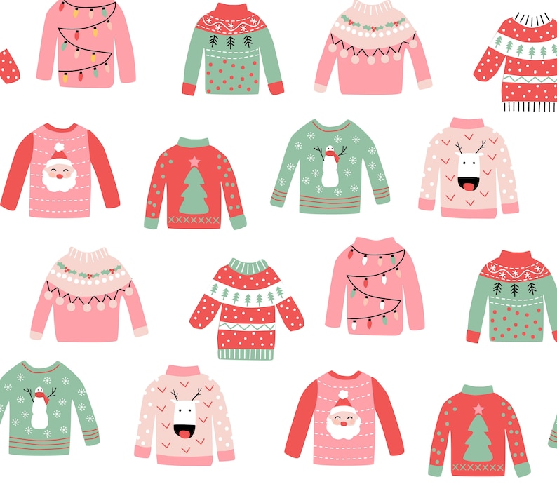 May include: A seamless pattern of festive Christmas sweaters with various designs, including a snowman, reindeer, Santa Claus, a Christmas tree, and lights. The sweaters are in pink and green with white accents.