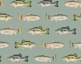 Blått fisktyg, insjöfisketyg, tyg på metervara, Cate and Rainn, quiltningsbomull, stickat tyg, shortstyg, kläde