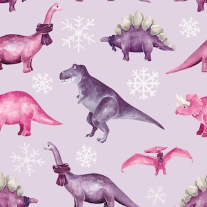 Purple Christmas Dinosaur Fabric, Winter Dinosaurs, Fabric by the Yard, Cate & Rainn, Quilting Cotton, Sateen, Jersey, Bamboo, Minky