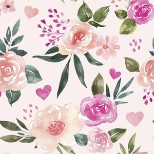 Valentine Floral Fabric, Cate and Rainn, Pink Watercolor Floral, Fabric by the Yard, Quilting Cotton, Bamboo, Spandex, Canvas, Jersey