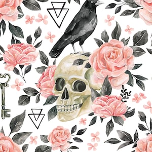 Gothic Skull Floral Fabric, Fabric by the Yard, Halloween Fabric, Cate & Rainn, Quilting Cotton, Bamboo, Jersey, French Terry, Canvas