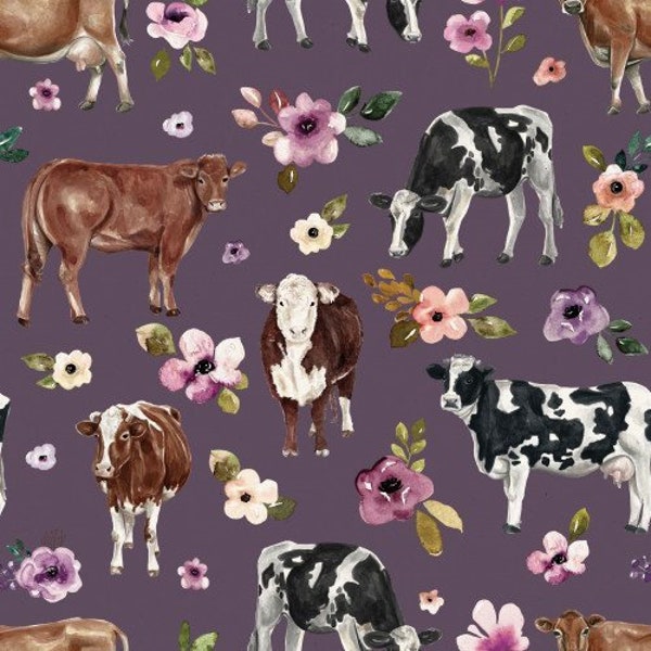 Cow Floral Fabric, Fabric by the Yard, Cate and Rainn, Sewing, Autumn Amethyst, Quilting Cotton, Spandex, Sateen, Bamboo, Rib Knit, Canvas