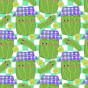 Pode incluir: Um padrão repetitivo de picles e potes de desenho animado em um fundo quadriculado. Os picles verdes têm rostos sorridentes, e os potes têm tampas quadriculadas roxas e brancas. Rodelas de picles também estão presentes.