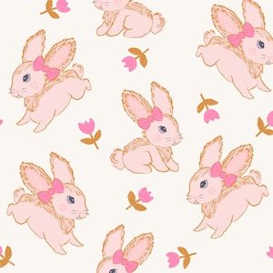 Cute Bunny Fabric, Easter Fabric, Rabbits, Tulips, Fabric by the Yard, Vivie & Ash, Quilting Cotton, Sateen, Knit Fabric, Canvas, Spandex