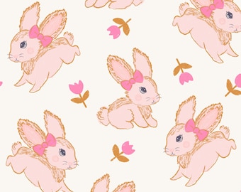 Tela de conejito rosa, tela de Pascua, tela cortada a medida, Vivie & Ash, algodón acolchado, satén, tejido de punto, lona, elastano