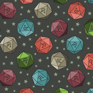 D20 Dice-stof, rollenspelstof, op maat gesneden stof, Becca Alessi, quiltkatoen, geribbeld breisel, canvas, nerts, jersey, spandex