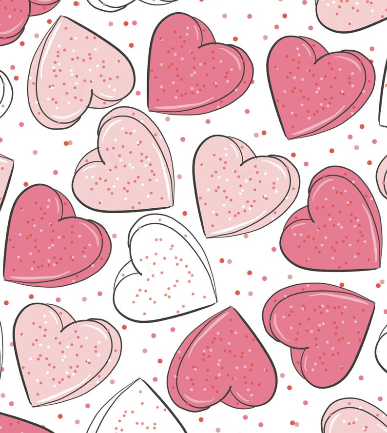 May include: A seamless pattern of pink and white hearts with a speckled texture on a white background. The hearts are scattered randomly and overlap each other.