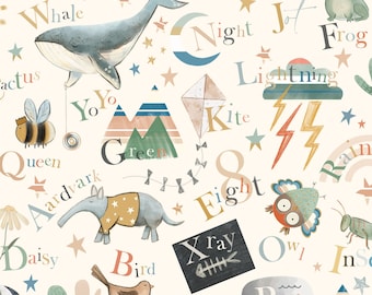 Alphabet Fabric,  ABC Fabric, Fabric by the Yard, Back to School Fabric, Quilting Cotton, Spandex, Sateen, Minky, Broadcloth, Jersey