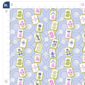 May include: A light blue fabric with a repeating pattern of playing cards, dice, and octagonal shapes. The cards feature various designs in green, pink, and blue, with some displaying the letter "N". The dice are white.