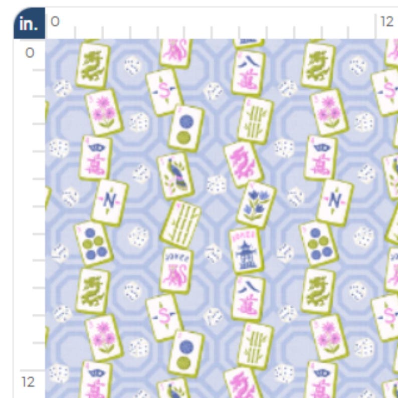 May include: A light blue fabric with a repeating pattern of playing cards, dice, and octagonal shapes. The cards feature various designs in green, pink, and blue, with some displaying the letter "N". The dice are white.